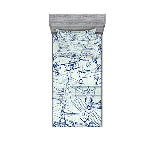 Ambesonne Airplane Fitted Sheet  and  Pillow Sham Set, Old Airplane Drawings Classic Dated Flight Vintage Style Nostalgic Jets, Decorative Printed 2 Piece Bedding Decor Set, Twin, Royal Blue