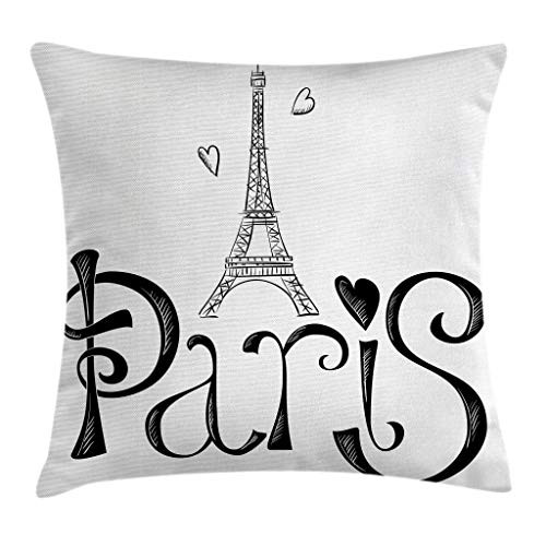 Ambesonne Paris Throw Pillow Cushion Cover, Illustration with Eiffel Tower France Heart Shapes Silhouette Vacation Theme Art, Decorative Square Accent Pillow Case, 24 X 24 Inches, Black White