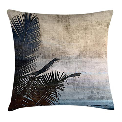 Ambesonne Hawaiian Throw Pillow Cushion Cover, Palm Tree Leaves on Grunge Background with Sea Vintage Waterscape Illustration, Decorative Square Accent Pillow Case, 24 X 24 Inches, Beige Navy