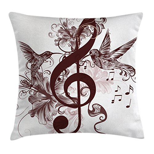 Ambesonne Music Throw Pillow Cushion Cover, Cute Floral Design with Treble Clef and Singing Flying Birds Sparrows Art, Decorative Square Accent Pillow Case, 24 X 24 Inches, Chesnut Brown White