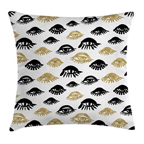 Ambesonne Trippy Throw Pillow Cushion Cover, Sexy Woman Eyes with Eyelash Unusual Style Fashion Icon Modern Design Print, Decorative Square Accent Pillow Case, 24 X 24 Inches, Gold and Black