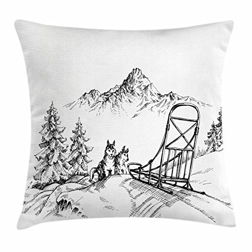Ambesonne Alaskan Malamute Throw Pillow Cushion Cover, Mountain Landscape in Winter Sledding Dogs Pine Trees Wilderness Art, Decorative Square Accent Pillow Case, 24 X 24 Inches, Black and White