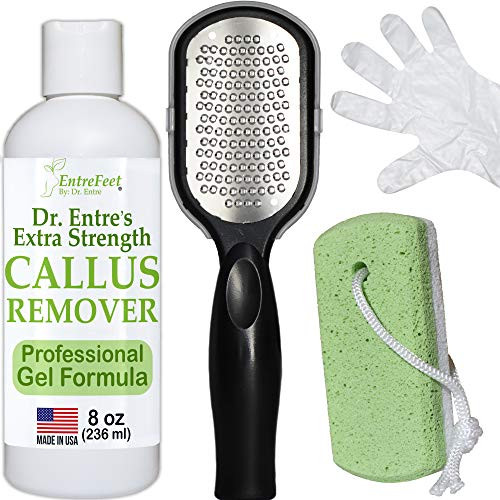 Dr. Entre's Callus Remover Kit: 8oz Callus Remover Gel, Foot File, Pumice Stone, 5 Glove Pairs for Gel Application | Spa Kit, Foot Care, Pedicure Tools for Dry, Cracked Heels
