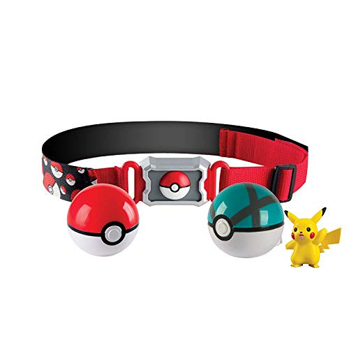 Pokemon Clip and Carry Poke Ball Adjustable Belt with 2 inch Pikachu Figure, Poke Ball, and Grass Type Nest Ball - Assorted colors