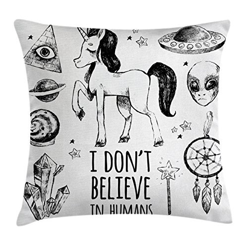 Ambesonne Unicorn Throw Pillow Cushion Cover, Mysticism Occult Featured Set with Pyramids Aliens Dream-Catcher Grunge Print Artwork, Decorative Square Accent Pillow Case, 24 X 24 Inches, Black