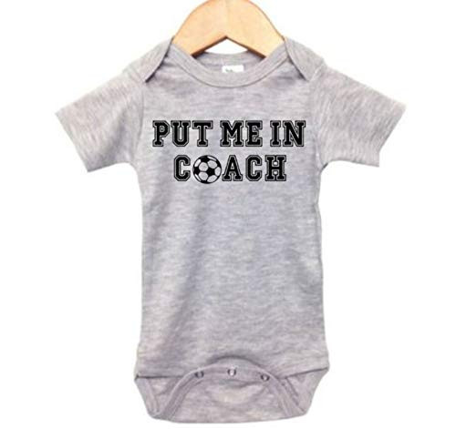 Baby Soccer Outfit/Put Me in Coach/Newborn Futbol Onesie/Unisex Infant Romper -3-6M, Grey SS-Black Text--