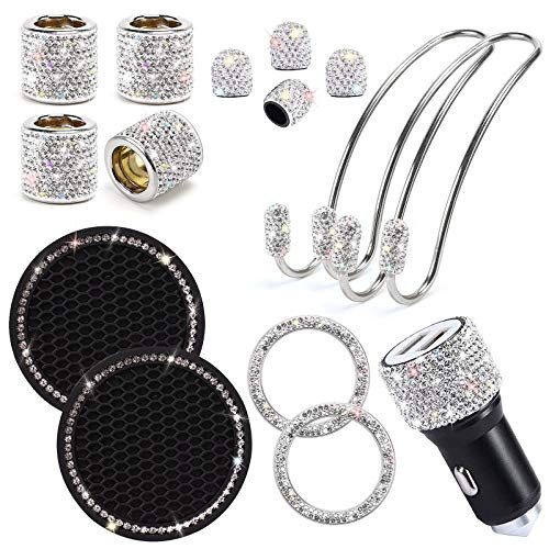 ToBeQueen Bling Car Accessories Set for Women Girl, Bling Head Rest Collars Rings,Bling Dual USB Car Charger,Bling Car Hook Backseat,Bling Cup Holder,Bling Tire Valve Stem Caps,Car Bling Rings-White-