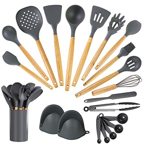 21 Pcs Silicone Cooking Utensils Kitchen Utensil Set - 446F Heat Resistant,Turner Tongs,Spatula,Spoon,Brush,Whisk. Wooden Handles Gray Kitchen Gadgets Tools Set for Nonstick Cookware -BPA Free-