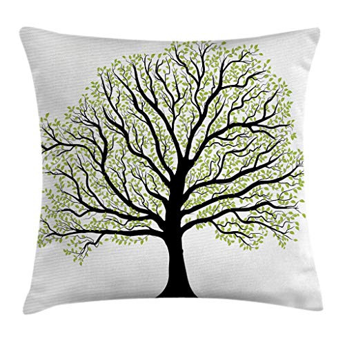 Ambesonne Tree of Life Throw Pillow Cushion Cover, Big Old Lush Tree with Lot of Leaves and Branches Nature Trust Home Art, Decorative Square Accent Pillow Case, 24 X 24 Inches, Black White Green