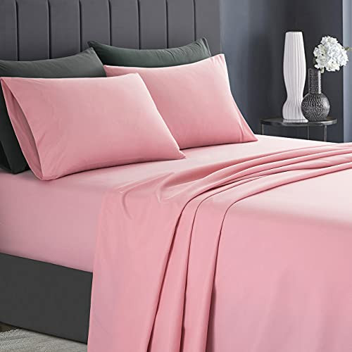 KKJIAF 4 Piece Bed Sheet Set, Microfiber Bed Sheet Queen Size, 1800 Thread Count Microfiber Soft  and  Breathable Bedding Sheet Sets, Deep Pocket Fitted Sheet, Flat Sheet and 2 Pillowcases - Pink
