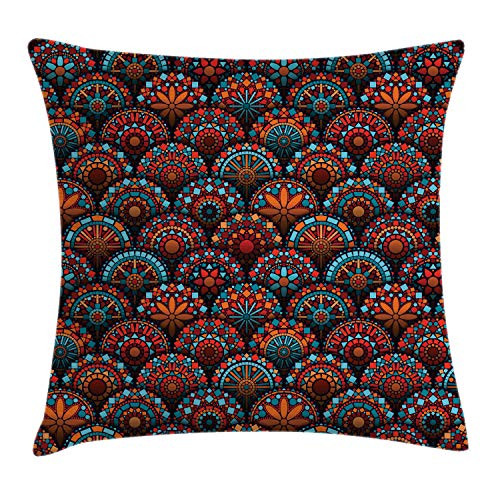 Ambesonne Mandala Throw Pillow Cushion Cover, Ancient Pattern with Arabesque and Geometric Floral Form Art Image, Decorative Square Accent Pillow Case, 24 X 24 Inches, Scarlet Orange and Blue