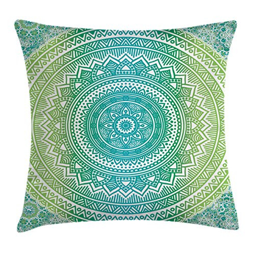 Ambesonne Teal and Lime Throw Pillow Cushion Cover, Ombre Mandala Ethnic Pattern with Flower and Petals Hippie Style Art, Decorative Square Accent Pillow Case, 24 X 24 Inches, Teal Lime and White Ambesonne Teal and Lime Throw Pillow Cushion Cover, Ombre Mandala Ethnic Pattern with Flower and Petals Hippie Style Art, Decorative Square Accent Pillow Case, 24 X 24 Inches, Teal Lime and White