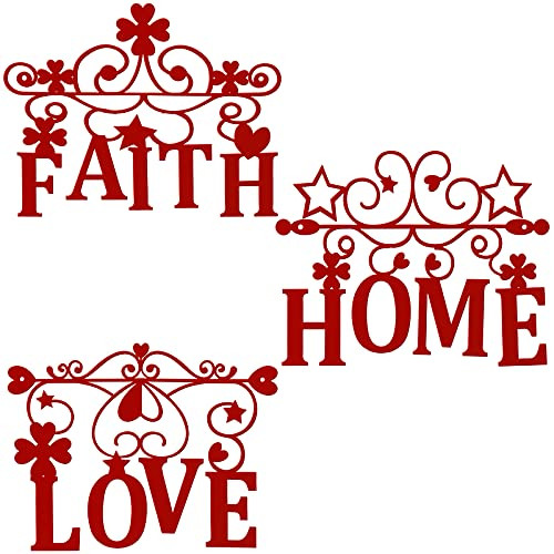 Metal Wall Word Sculpture, Red Home Love and Faith Metal Wall Word, Rustic Metal Wall Art, Farm Entryway Wall Signs Decorative Style Hanging Art, Wall Decoration for Home Office Kitchen Living Room
