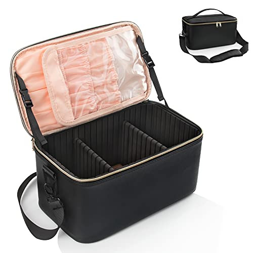 Travel Makeup Case, Large Makeup Organizer Bag Portable Cosmetic Train Case Storage Box with Shoulder Strap and Adjustable Dividers for Makeup Brushers and Cosmetics Toiletries- Black Large