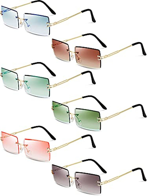 6 Pairs Rimless Rectangle Sunglasses Tinted Rimless Eyewear Vintage Transparent Rectangle Glasses for Women Men