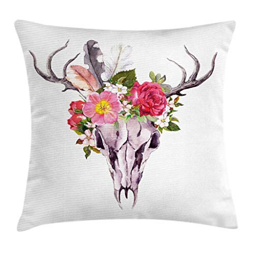 Ambesonne Antler Decor Throw Pillow Cushion Cover, Deer Animal Skull with Flowers and Feathers Vintage Style Watercolor Artwork, Decorative Square Accent Pillow Case, 24 X 24 Inches, Multicolor