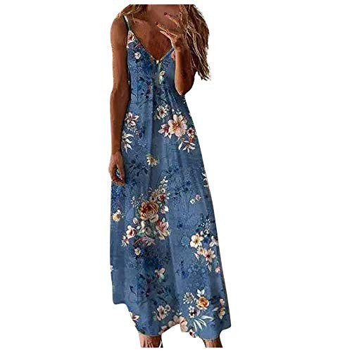 iQKA Women Long Dress Floral Print Maxi Dresses Sexy Sleeveless V Neck Sundress Summer Casual A-Line Swing Sling Dress-ABlue,S- iQKA Women Long Dress Floral Print Maxi Dresses Sexy Sleeveless V Neck Sundress Summer Casual A-Line Swing Sling Dress-ABlue,S-