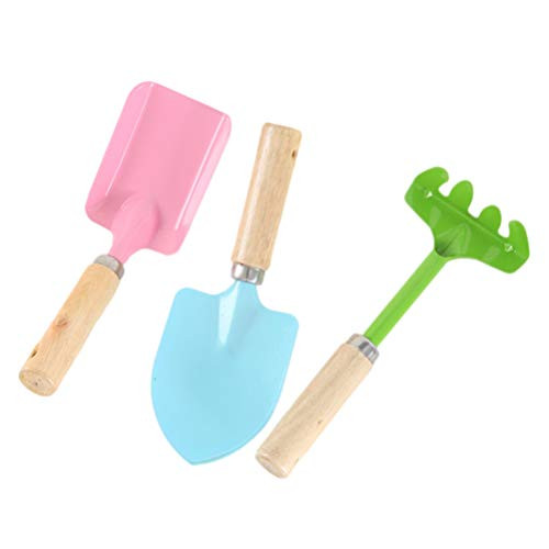 DOITOOL 3Pcs Kids Gardening Tools with Sturdy Wooden Handle, Kids Gardening Tool Set, Mini Metal Gardening Tools Trowel Shovel Rake Set for Kids