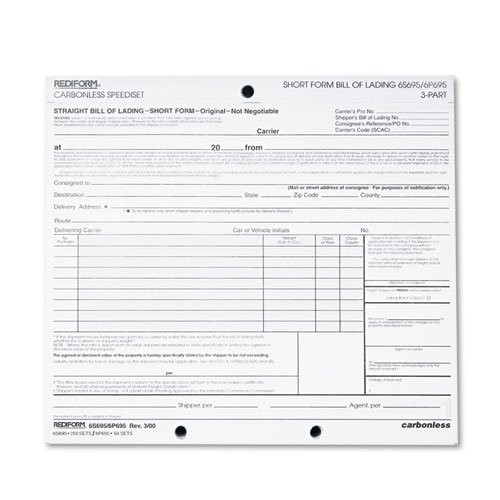 Bill of Lading, Short Form, 7 x 8 1/2, Three-Part, 50 Loose Form Sets/Pack