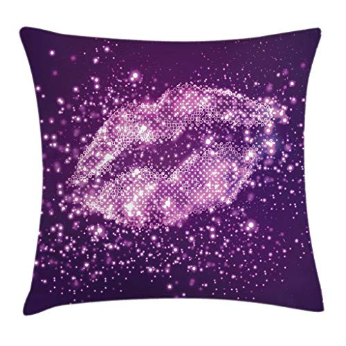 Ambesonne Purple Throw Pillow Cushion Cover, Digital Modern Woman Sexy Lips with Vibrant Effects Disco Stylized Theme Artwork Print, Decorative Square Accent Pillow Case, 24 X 24 Inches, Purple