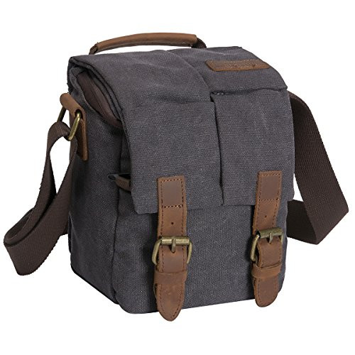 Waterproof Canvas Leather Trim DSLR SLR Shockproof Camera Shoulder Messenger Bag­ (Dark Grey)