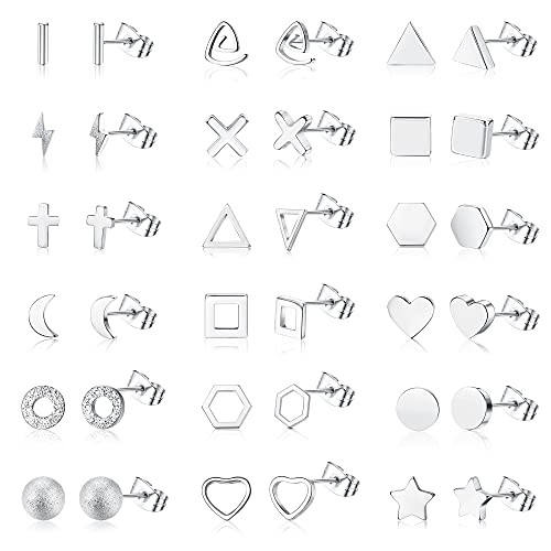 LOYALLOOK 18Pairs Small Stud Earrings Set for Women Men Star Cross Triangle Moon Heart Bar Square Round Disc Ball Tiny Cartilage Stud Earrings Surgical Steel Geometric Stud Earrings
