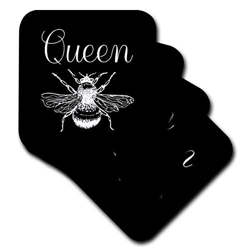 3dRose Queen Bee. White script and bee clipart on a black background. - Coasters -cst-327729-2-