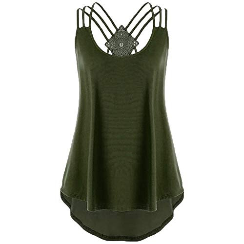 CUCUHAM Ladies' Bandages Sleeveless Vest Top High Low Notes Strappy Tank Tops -L, Army Green- CUCUHAM Ladies' Bandages Sleeveless Vest Top High Low Notes Strappy Tank Tops -L, Army Green-
