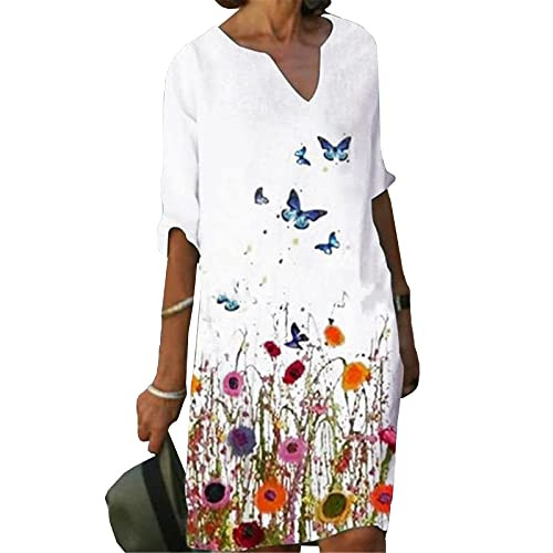 Xiakolaka Classic-Fit Linen Dress, Summer Casual Plus Size V Neck Midi Dress, Short Sleeve Retro Printed Linen Dresses