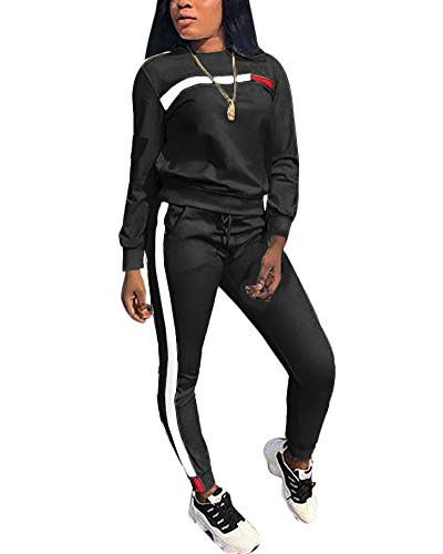Acelyn Womens 2 Piece Outfits - Stripe Patchwork Sweatsuits Long Sleeve Pullover Sweatshirt Skinny Long Pants Tracksuit Set, Black , Small