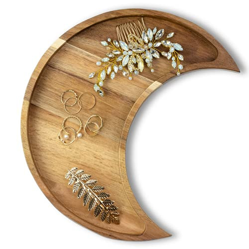 Moon Tray Crystal Holder and Display - Acacia Wood Crystal Tray for Stones, Healing Crystals and Gemstones Storage and Organizer Stand - Crescent Moon Bowl - Essential Oil Holder - Jewelry Dish Tray