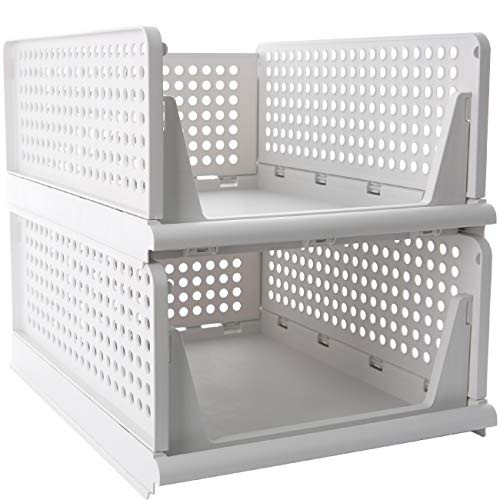 Pinkpum Stackable Plastic Storage Basket-Foldable Closet Organizers Storage Bins 2 Pack-Drawer Shelf Storage Container for Wardrobe Cupboard Kitchen Bathroom Office -2L-