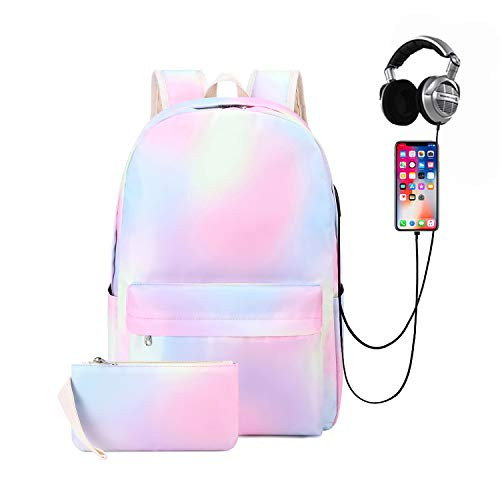 Rainbow Laptop Backpacks for Women Water Resistant Casual Daypack Travel Backpack with USB Charging Port  and  Headphone Interface