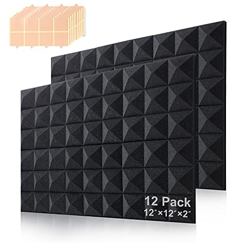 ACZXSA 12 Pack Acoustic Panels,2X12X12 Inches Acoustic Foam Panels with Adhesive Tape,Fire Retardant Sound Proof Foam Panels,Studio Wedge Tiles,Sound Proofing Padding for Wall,Reduce Background Noise