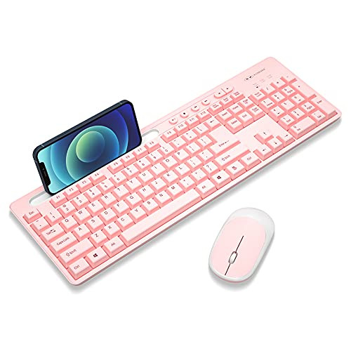 MageGee V620 Wireless Keyboard and Mouse Combo, 2.4GHz Slim Ergonomic Quiet Wireless Keyboard and Mouse with USB Receiver, Full Size with Number Pad for Windows/Computer/PC/Laptop/Desktop -Pink-