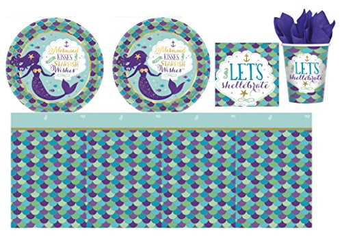 Mermaid Wishes Birthday Party Supply Kit for 16 guests - plates, cups, napkins, tablecovers bundle