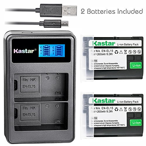 Kastar Battery (X2) & LCD Dual Slim Charger for Nikon EN-EL15, ENEL15 and Nikon 1 V1, D500, D600, D610, D750, D800, D7000, D7100, D800, D800E DSLR Camera, Grip MB-D11, MB-D12, MB-D14, MB-D15, MB-D16