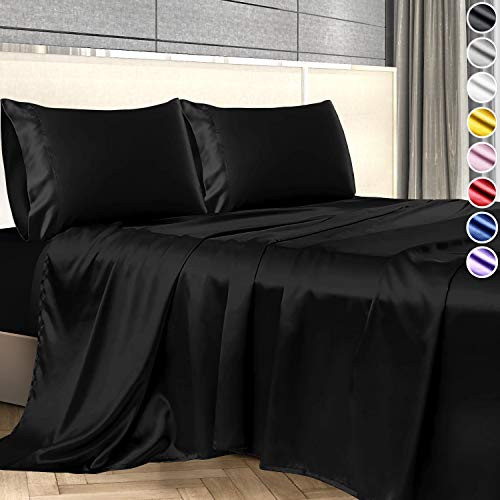 Satin Sheets Full Size Bed -4 Pieces, 8 Colors-, Silky Satin Sheet Set -Satin Bed Set with 2 Pillowcase, Satin Fitted Sheet - Black Satin Sheets, Satin Bed Sheets Full, Satin Bedding Set