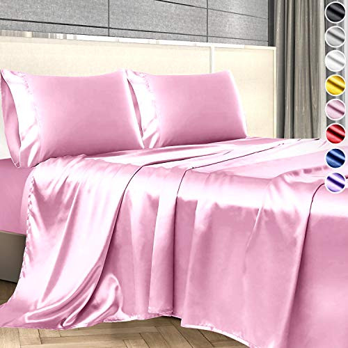 Satin Sheets Full Size Bed -4 Pieces, 8 Colors-, Silky Satin Sheet Set -Satin Bed Set with 2 Pillowcase, Satin Fitted Sheet - Pink Satin Sheets, Satin Bed Sheets Full, Satin Bedding Set