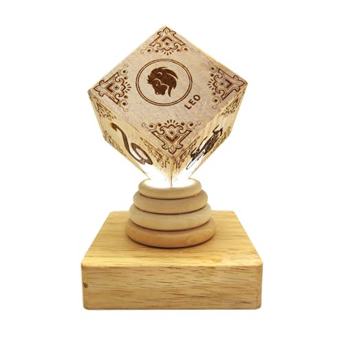 ZHome Wooden Cubic Ornament with Six-Sided Carving Zodiac Leo Constellation Pattern - Wooden LED Table Night Light by Luminous Base for Home Decor White Light