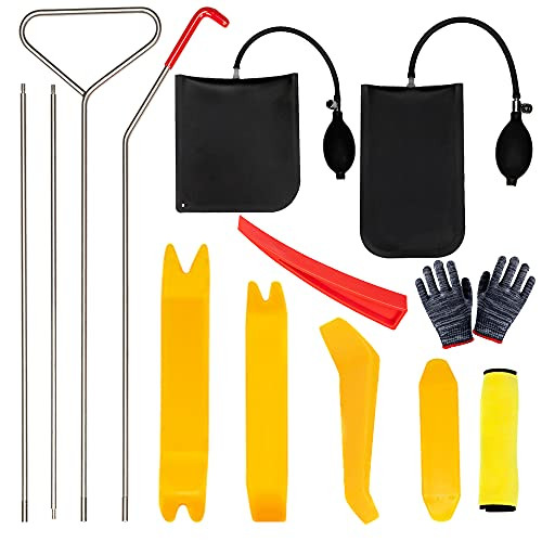 NEMORSO Professional Car Tool Kit 13 PCS, Include Long Reach Grabber, Air Wedge, Non-marring Wedges, Auto Trim Removal Tool, Towel and Gloves - Auto Emergency Tool Set