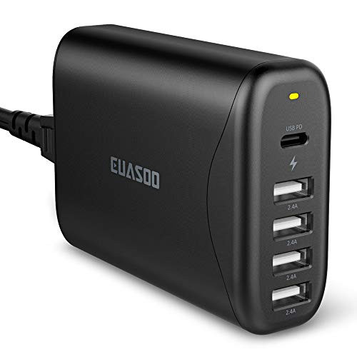 EUASOO USB-C Charger, Phone Charger, ?PD 3.0?- Power Delivery Multi Port Wall Charger, 60W 5 Ports Charger Station, USB Type C Port Compatible with PC, iPhone X / 8/8 Plus, iPad, MacBook etc.