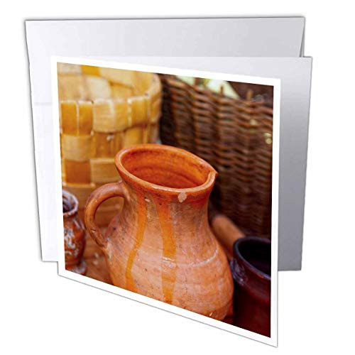 3dRose Alexis Photography - Objects Kitchenware - Vintage Earthenware Pitcher on a Table, Wicker Baskets in The Back - 12 Greeting Cards with envelopes -gc-304806-2-