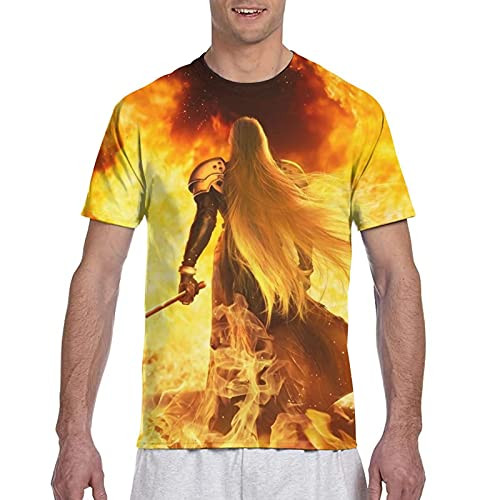 Dabuint Final Fantasy VII Remake T-Shirts Casual Short-Sleeved Breathable Lightweight Cotton 3D Printed Black