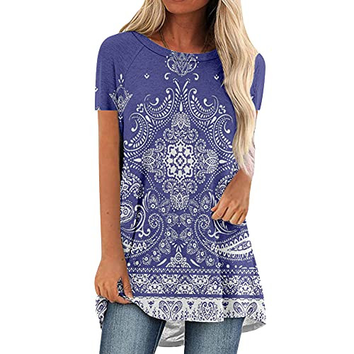 Women Tunic Tops to Wear with Leggings Summer Short Sleeve Floral Shirt Plus Size Long Flowy Blouse