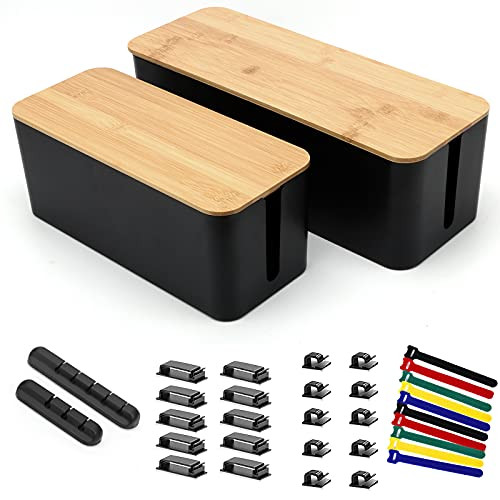 2 Pack Cable Management Box Large  and  Medium Bamboo Cable Cord Organizer Box for Extension Cord Power Stripe Surge Protector Desk TV Computer Wire Management Cable Hider -Black-