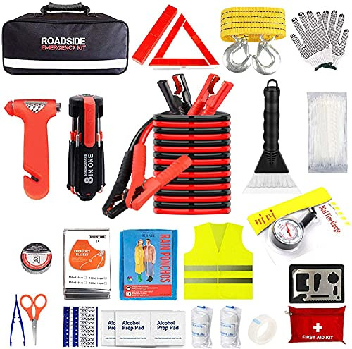 Car Emergency Kit for Auto,Roadside Assistance Bag with Jumper Cable for Truck Vehicle,Men Women Winter First Aid Kit Emergency Safety Tool Case with Snow Scraper Blanket for Jeep SUV RV -33X22X12cm-