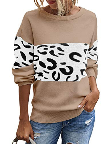 PRETTYGARDEN Womens Casual Long Sleeve Off Shoulder Knitted Sweater Leopard Print Color Block Loose Pullover Tops