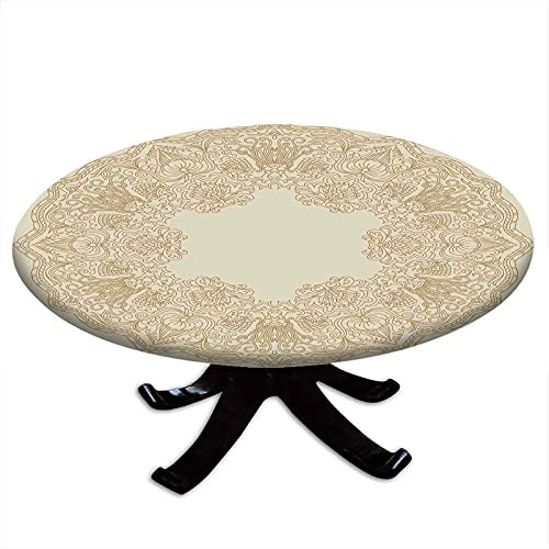 Beige Round Tablecloth with Elastic Edges, Old Fashion Embriodery Style Floral Circle Victorian Feminine Sophisticated Chic Boho Artprint, Printing Design, Fits Tables 31" - 35" Diameter Beige