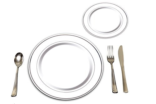 25 Heavyweight Elegant Plastic Disposable Place Settings: 25 Dinner Plates, 25 Salad or Dessert Plates & 25 Polished Silver Plastic Forks Knives & Spoons